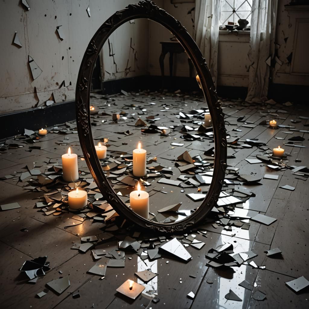 Eerie Reflections: Shattered Mirror and Dancing Shadows