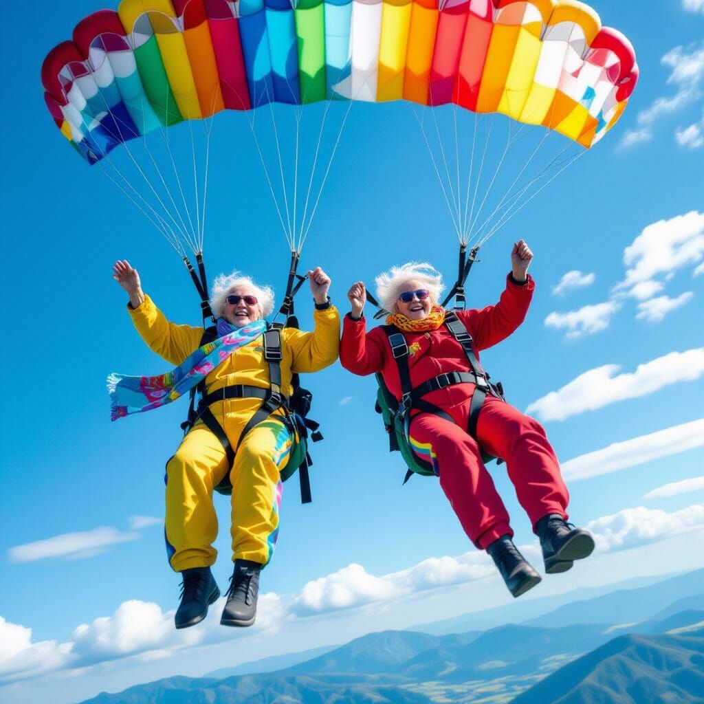 Elderly Friends Free-Falling in Colorful Jumpsuits