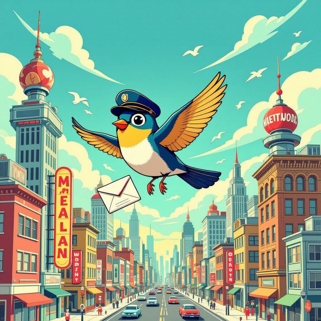 Whimsical Bird Mail Delivery in 1960s Cityscape Cartoon