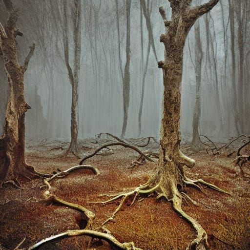 Eerie Forest of Rusted Metal and Dead Trees in Dark Art Styl...
