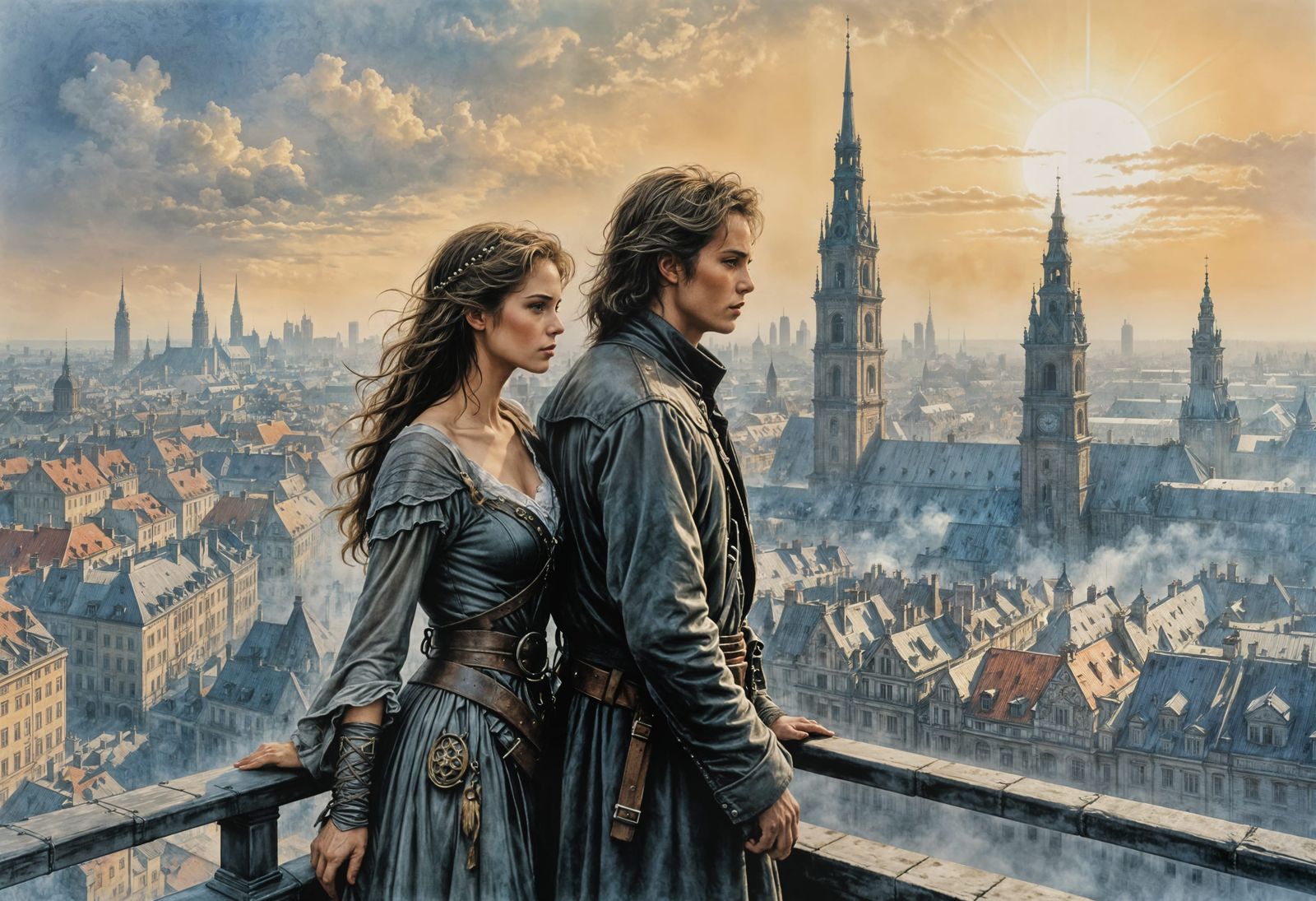 Warsaw Skyline in Morning Mist, Pastel Illustration