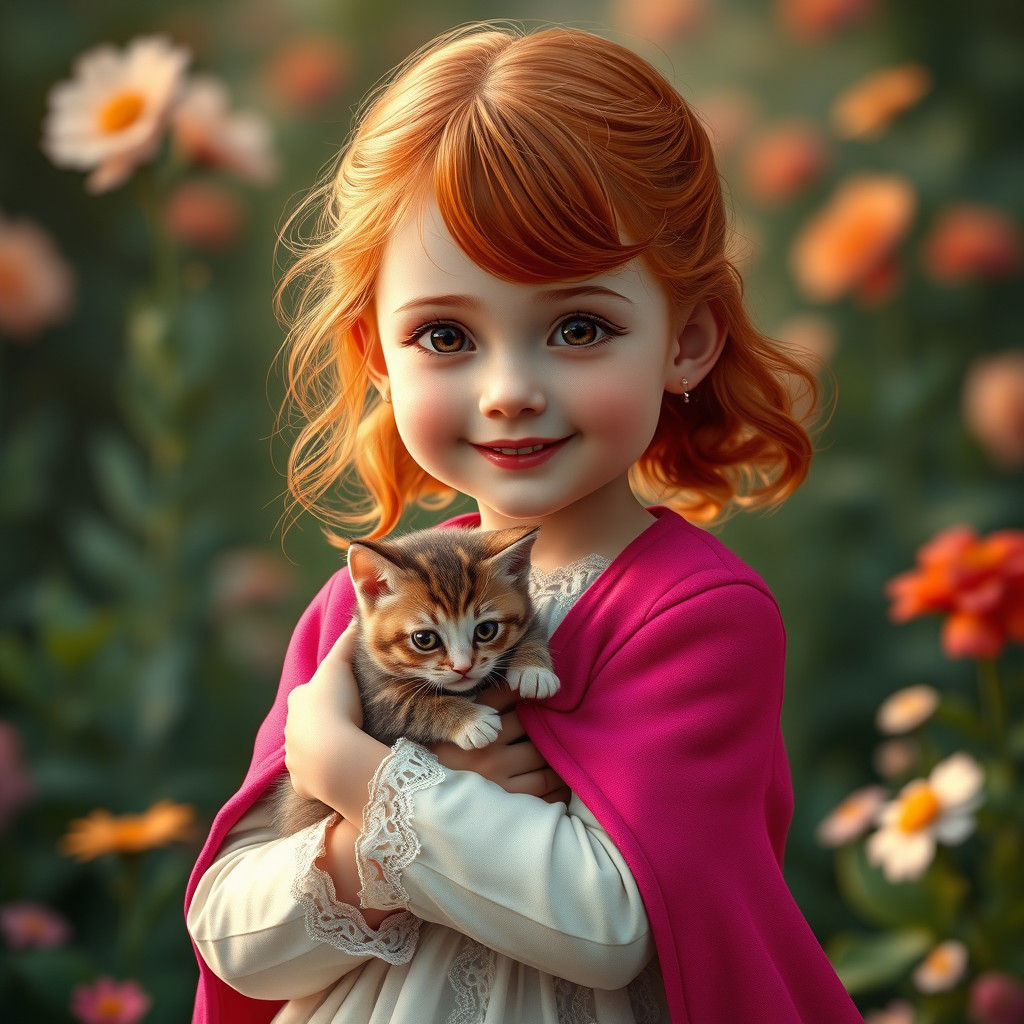 Girl with Kitten: Whimsical Art Nouveau Portrait