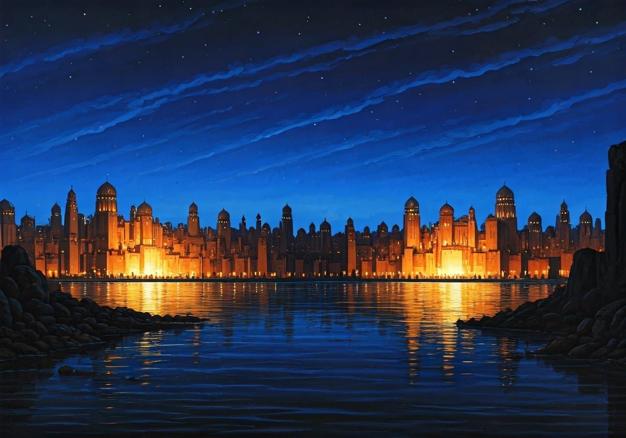 Darujhistan Nightscape: Gouache Painting from Malazan Series