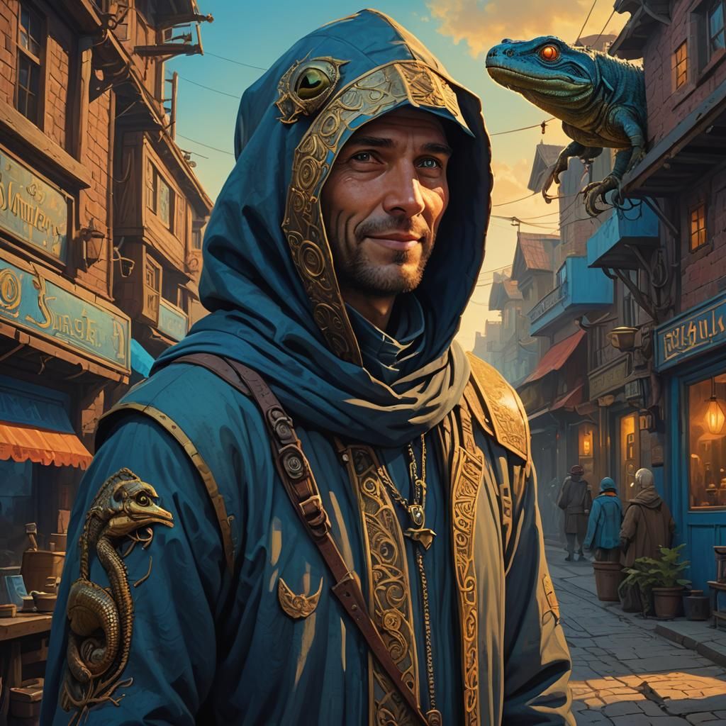 Medieval Salesman with Lizard in Fantasy Art Style