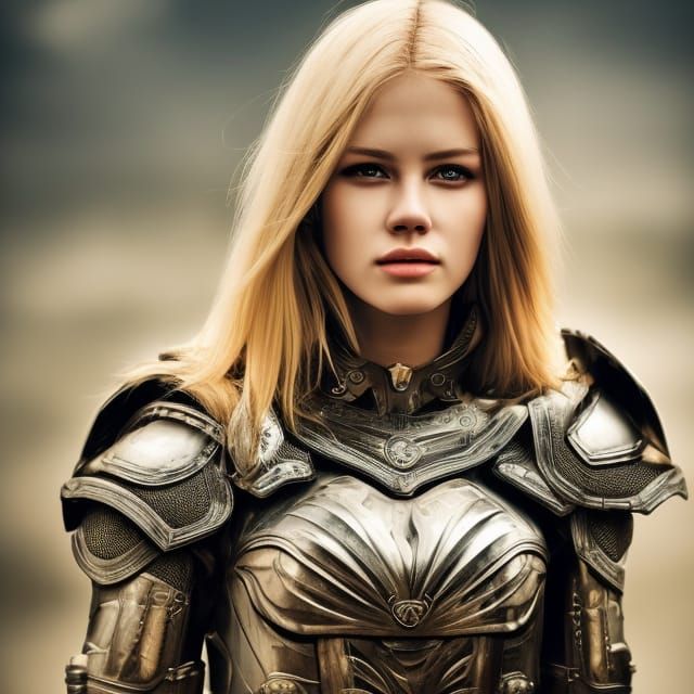 Blond Woman with Chest Armor in Hyperrealistic Style