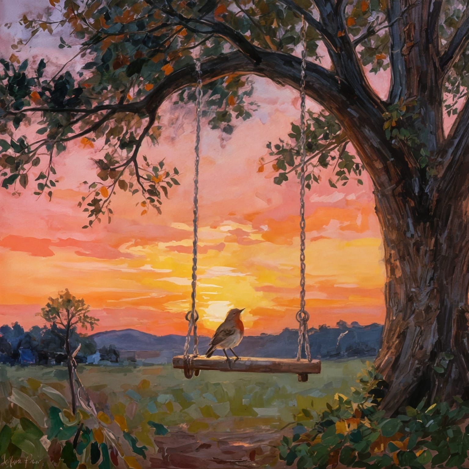 Impasto Oil Painting of Sunset Swing with Robin