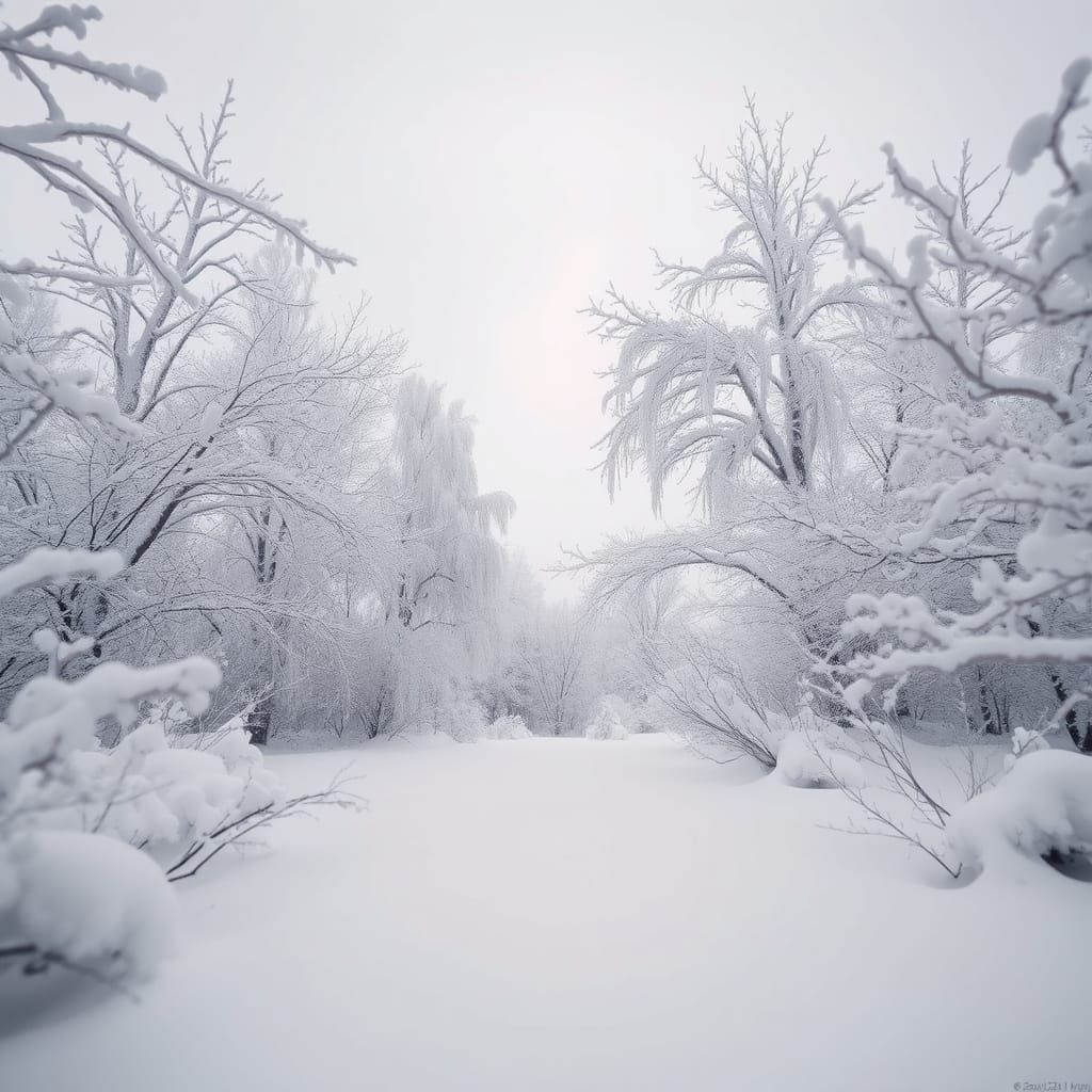 Surreal Snowy Winter Landscape with Icy Trees