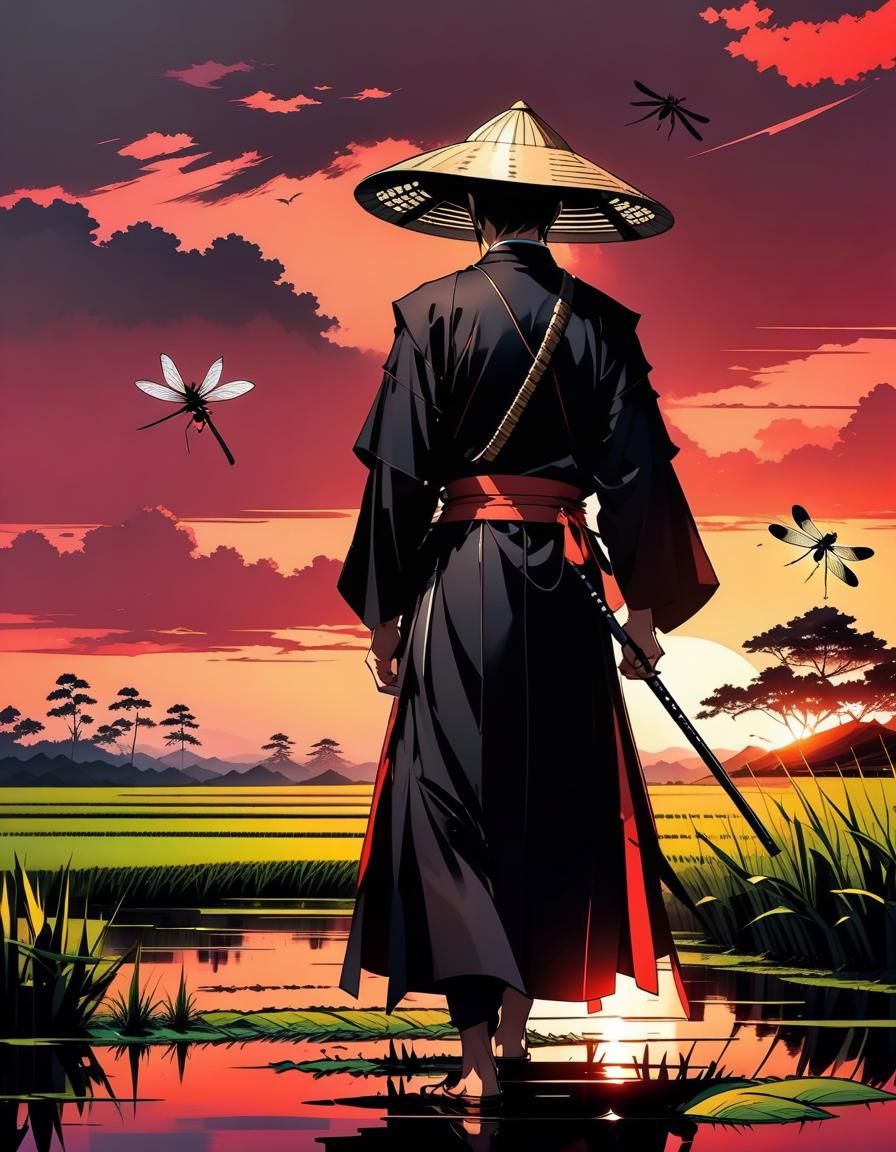 Young Ronin at Sunset in Rice Paddy: Manga Art