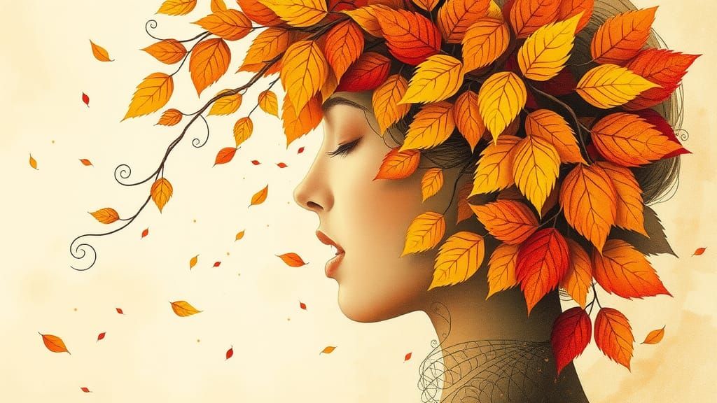 Autumn Leaf Collage Woman's Face in Whimsical Style