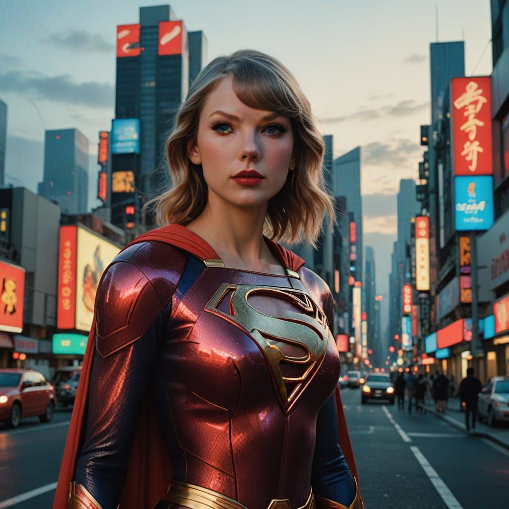 Taylor Swift Lookalike as Supergirl in the heart of Tokyo.