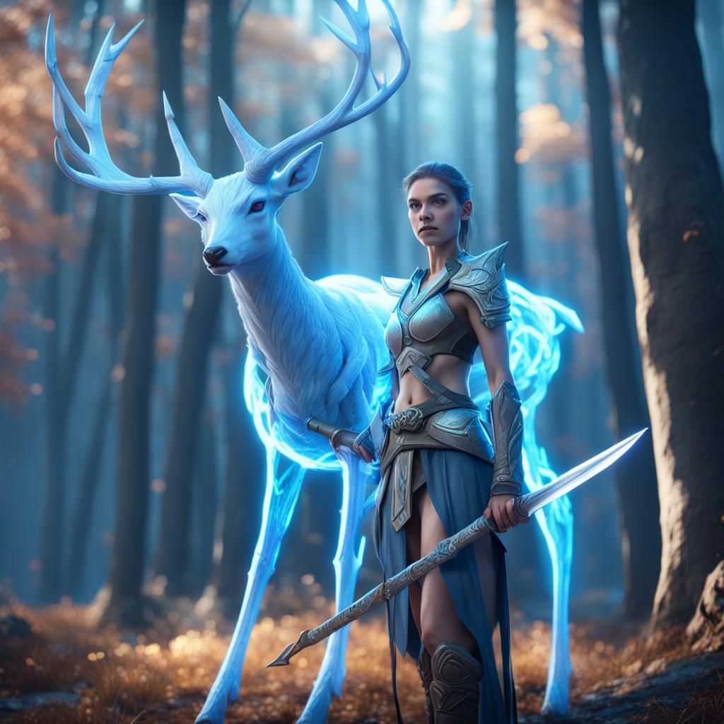 Warrior Woman with Spirit Deer: Dreamlike Crayon Art