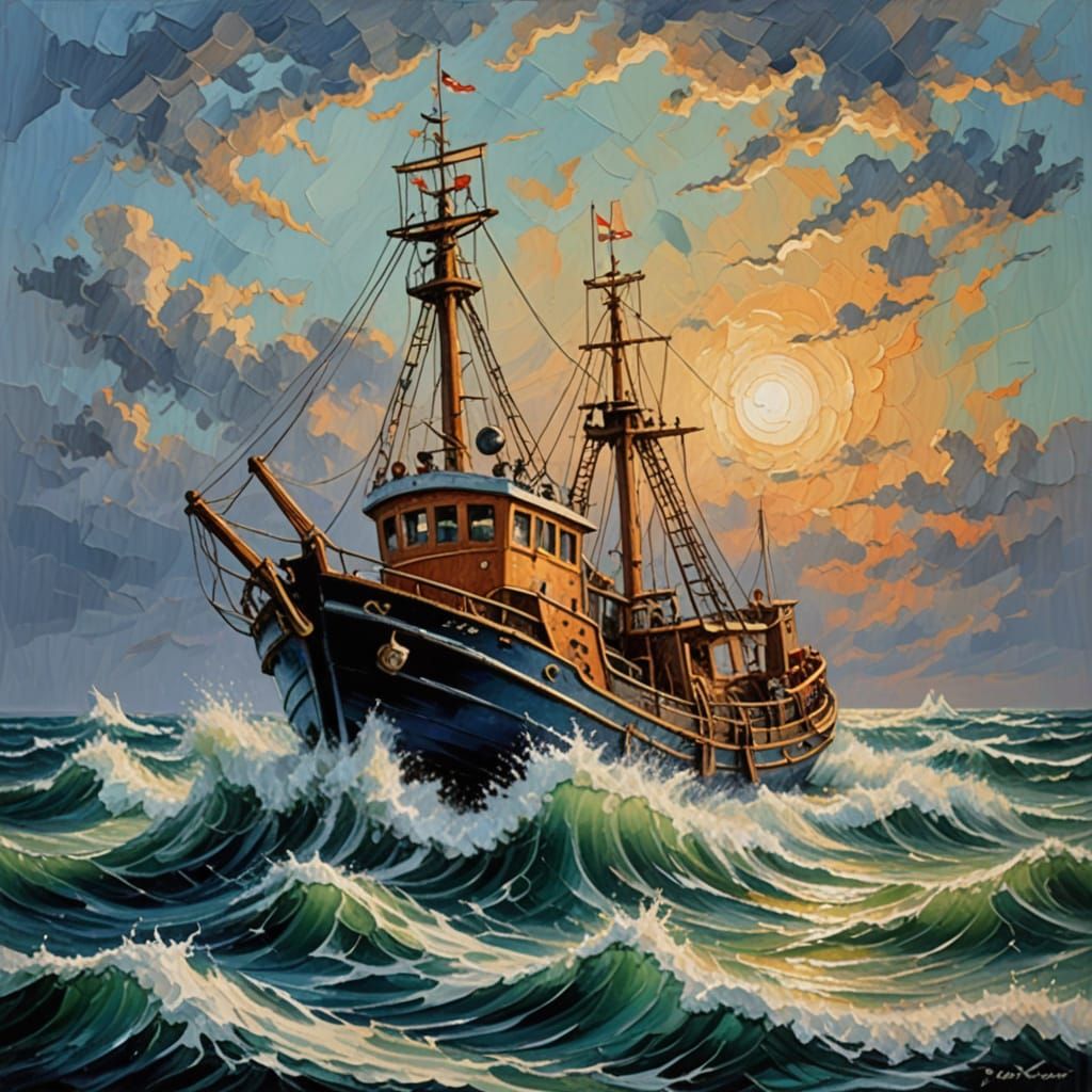 Fish Trawler on Turbulent Ocean Waves