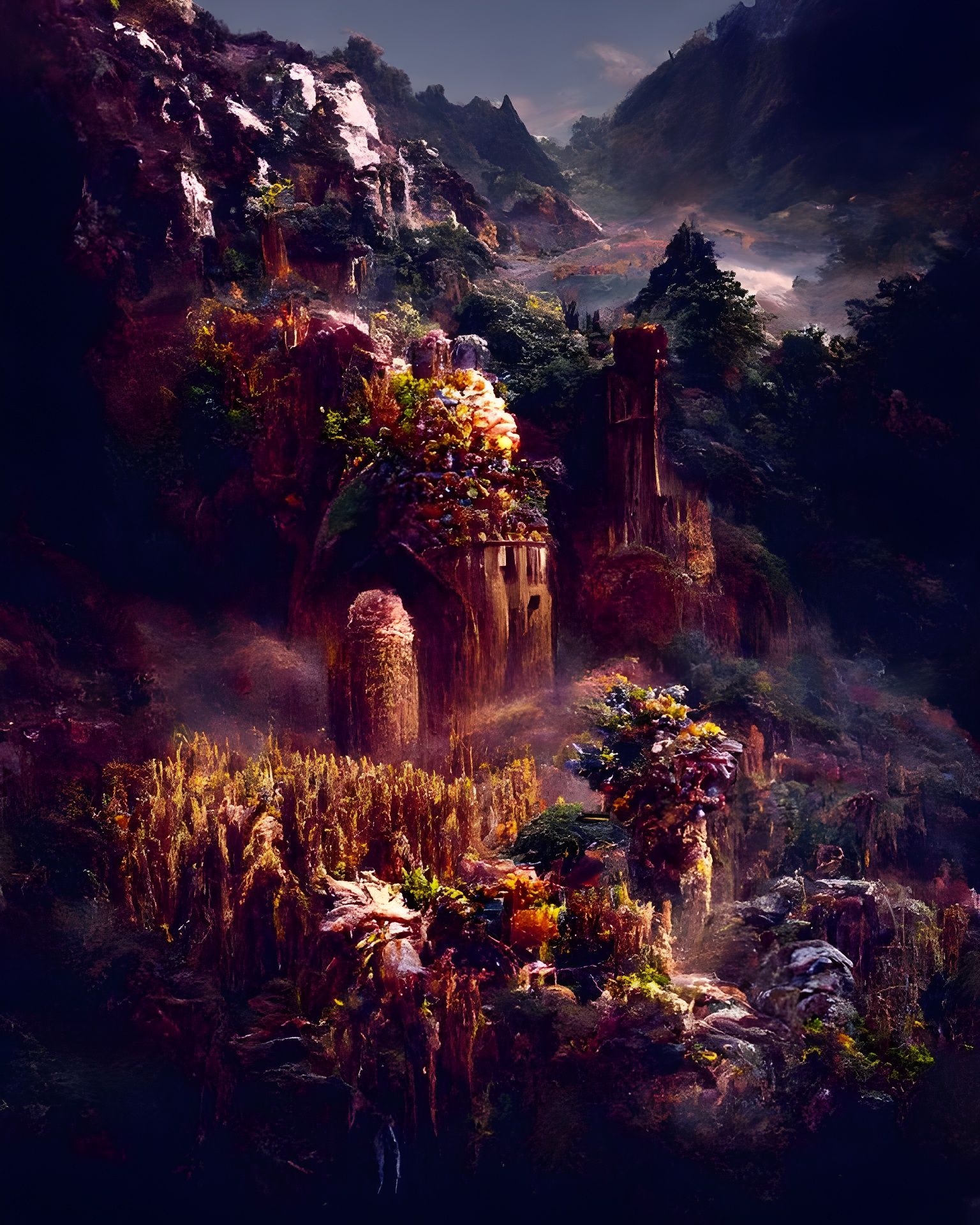 Fantasy Castle Landscape with Lush Vegetation