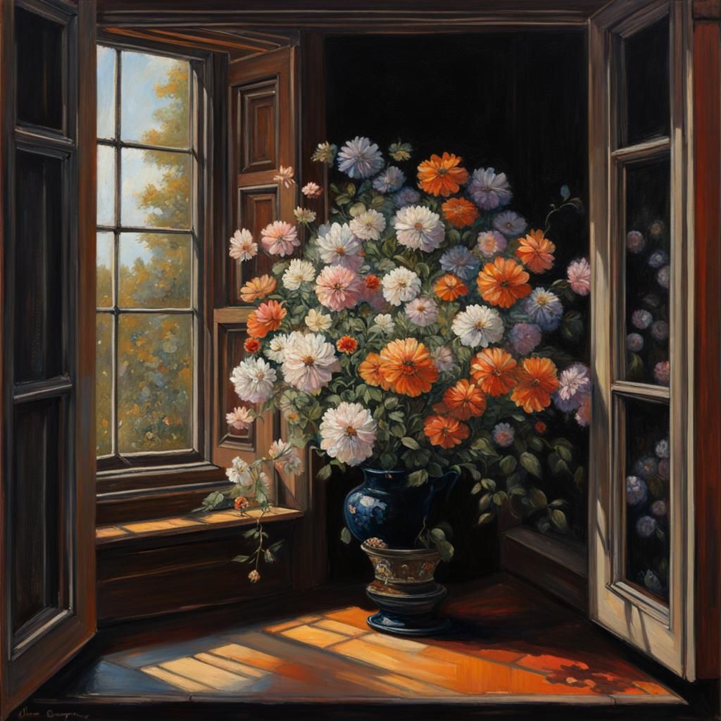 Floral Window on Canvas: Detailed Oil Painting