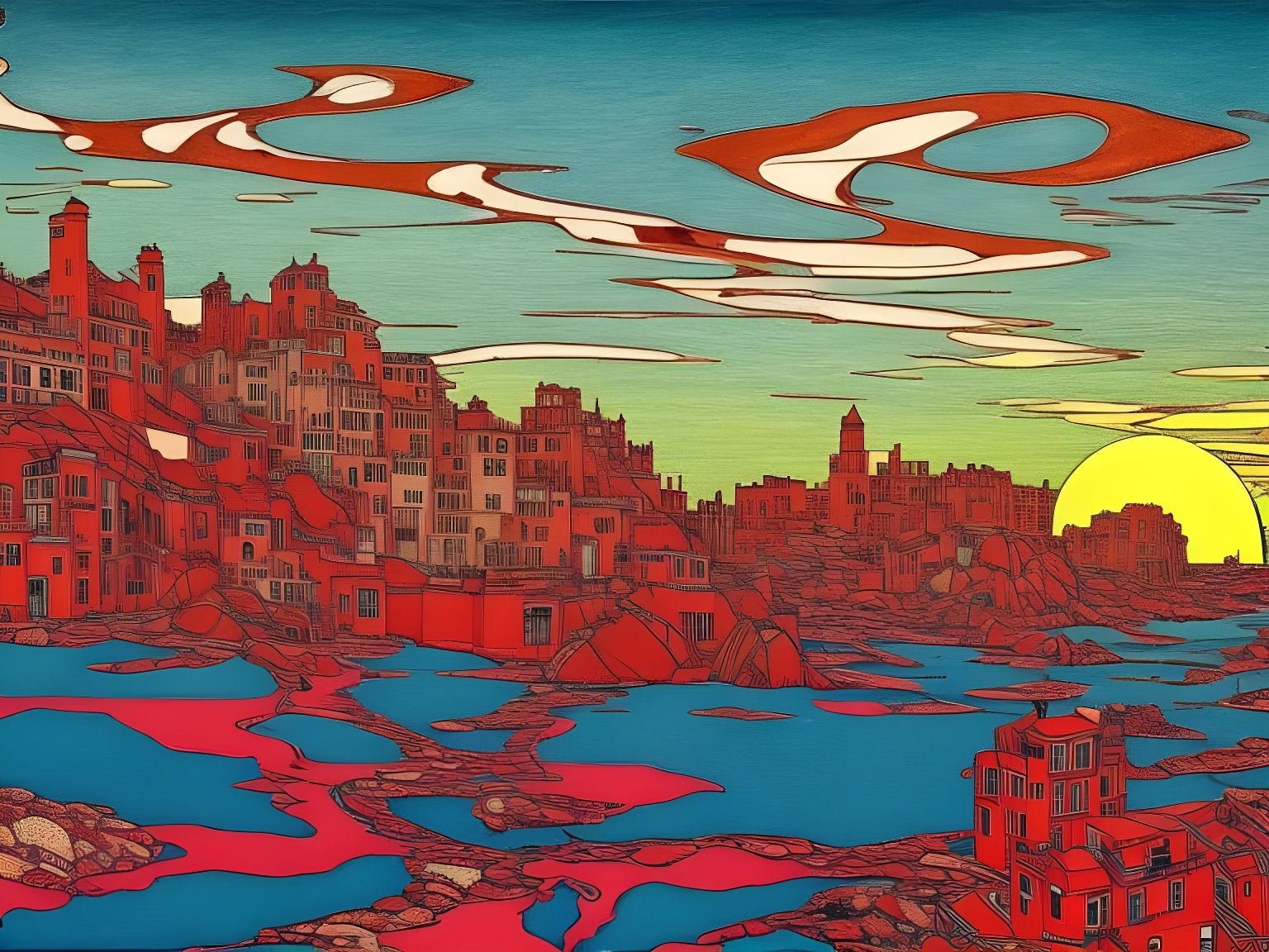 Crimson Cityscape at Sunset in Synthwave Style