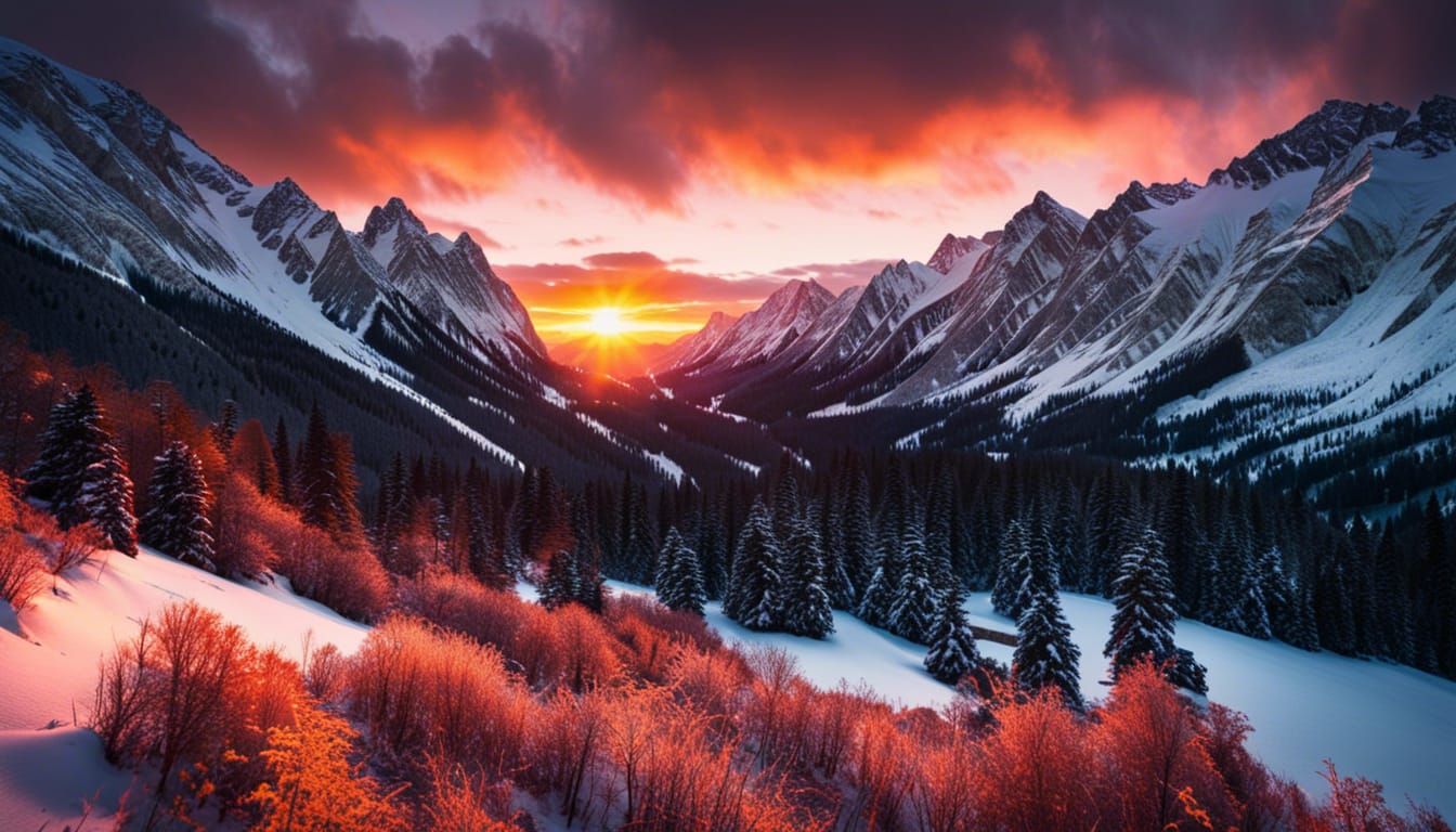 Snowy Mountain Sunset: Intricate Details and Colors