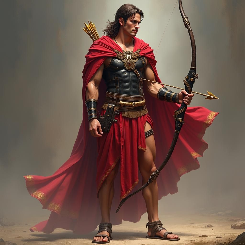 Heroic Male Archer in Red and Gold Toga, Fantasy Art