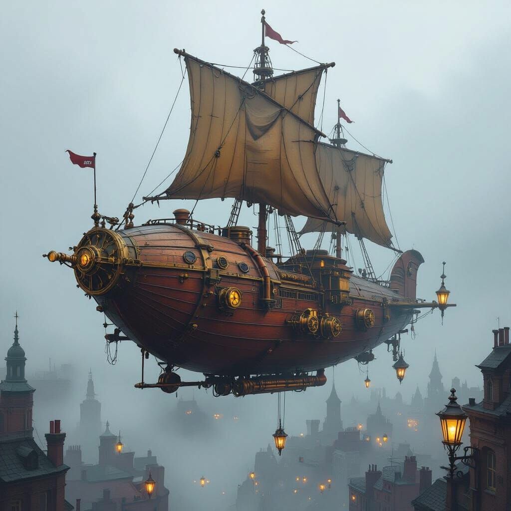 Steampunk Airship Over Victorian City in Fog