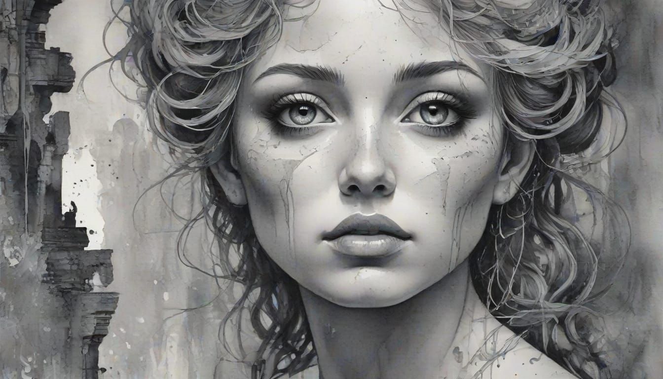 Ethereal Portrait Amidst Ancient Ruins in Watercolor