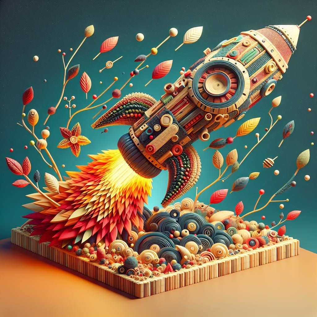 Colorful Wooden Spaceship Soars Through Space as Digital Art