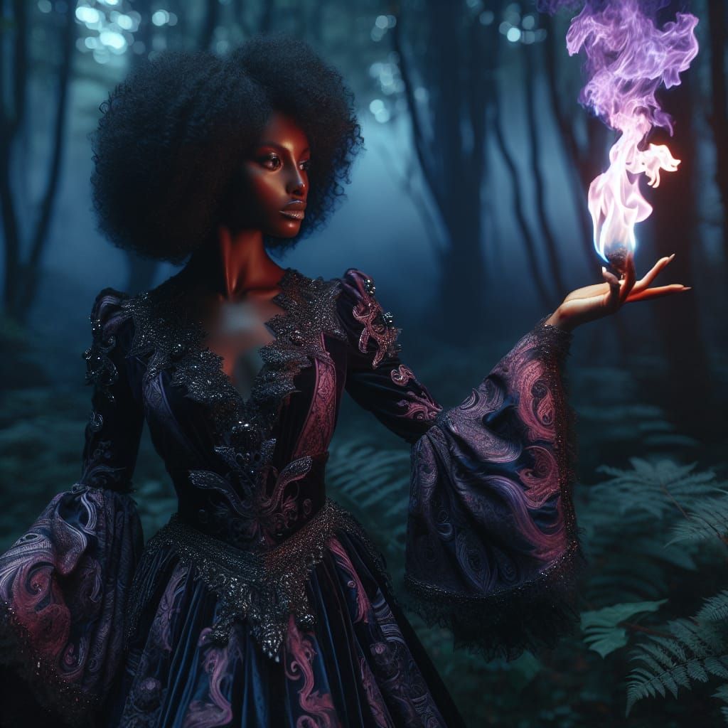 beautiful Black african american witch wielding the power of purple fire in a forest at night