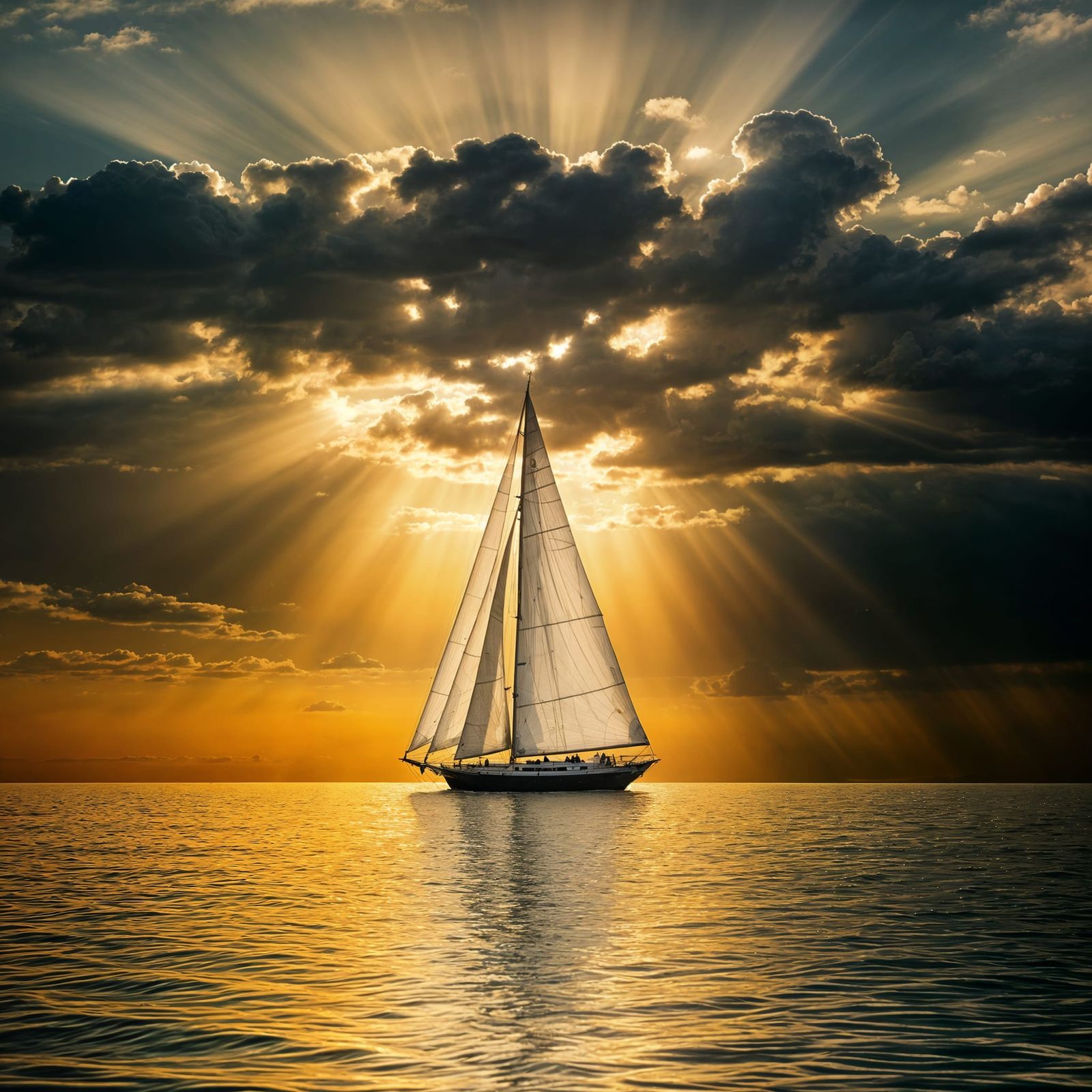 Ethereal Sunset: Golden Light on a Calm Sailboat