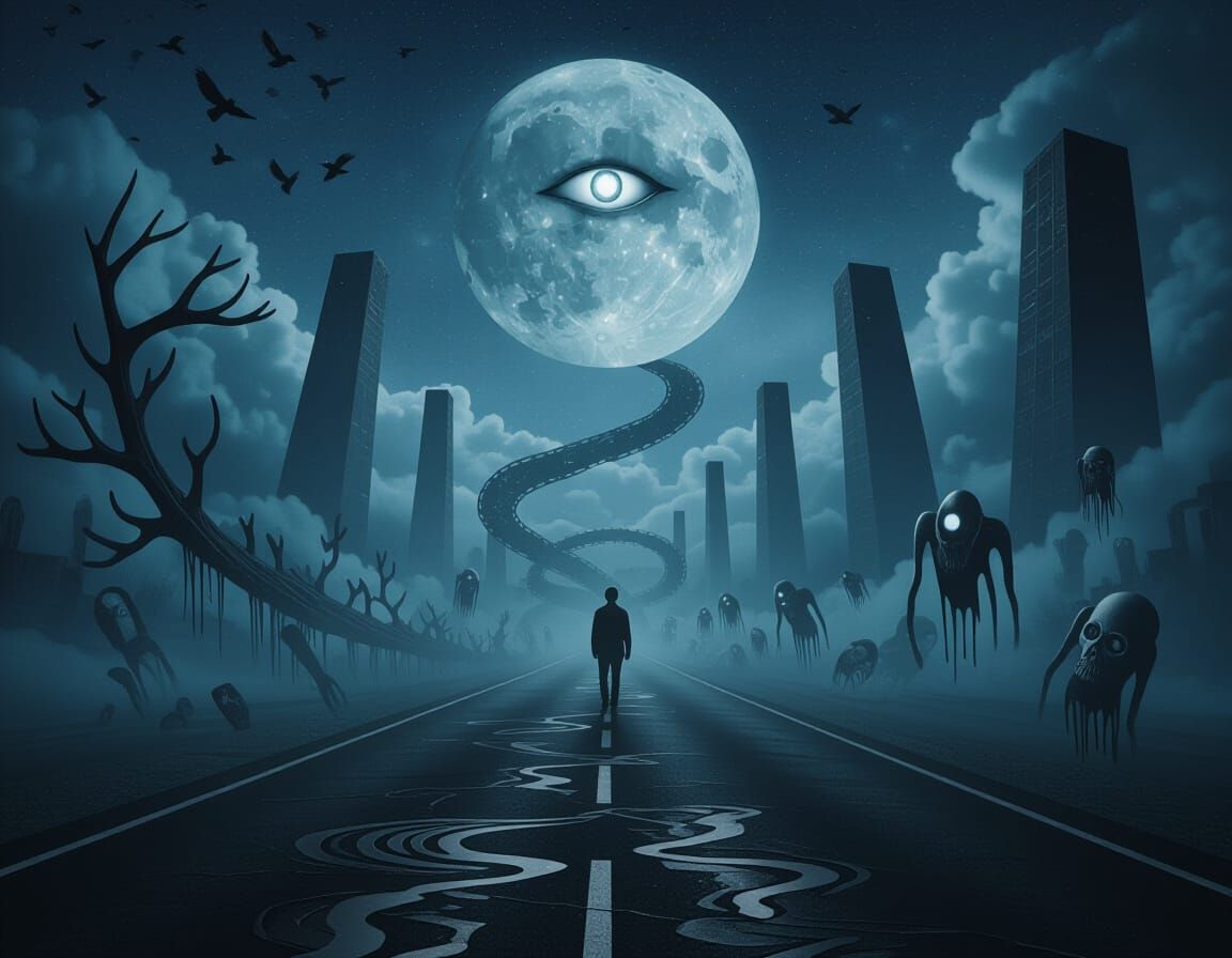 Dark Dreamscape with Lone Figure Under Starless Sky