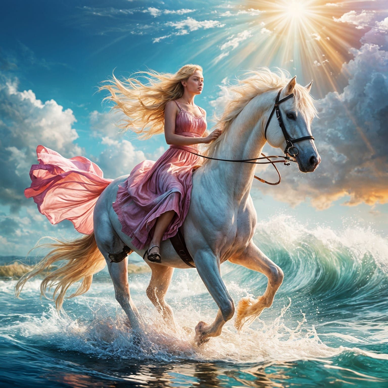 Blonde Rider on White Horse Dancing by Ocean