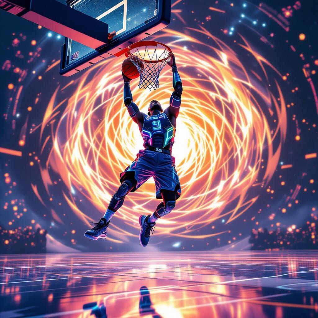 Gravity-Defying Slam Dunk in Psychedelic Moebius Style