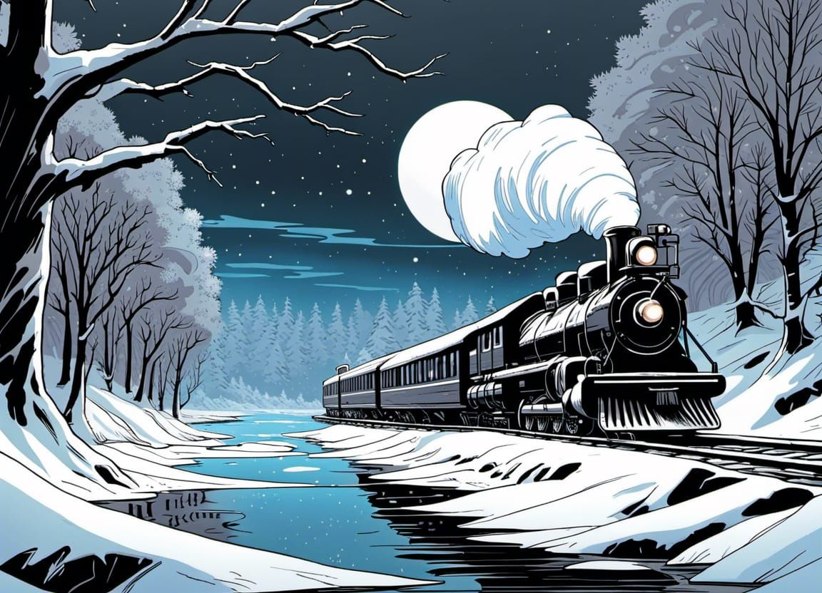 Snowy Train on Frozen Lake: Comic Book Art