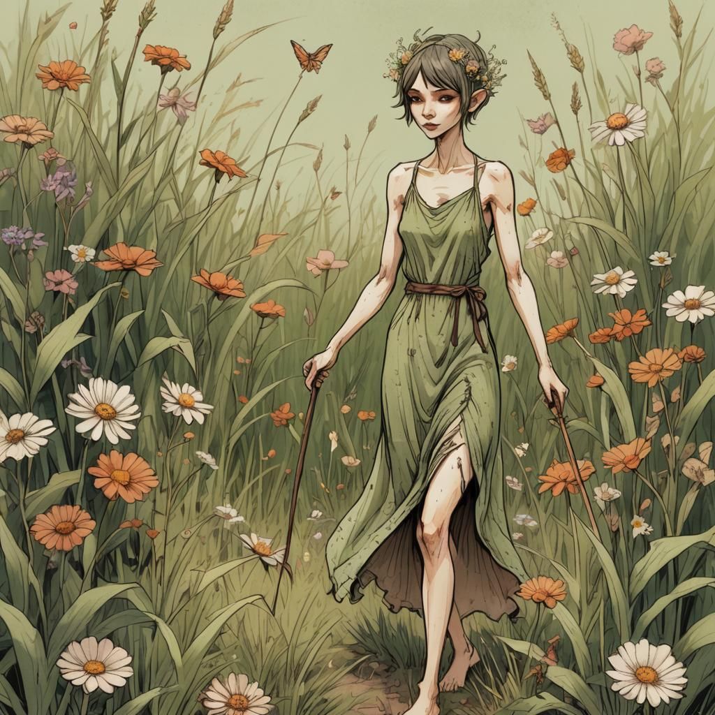 Fairy with Spear in Crayon Drawing Style