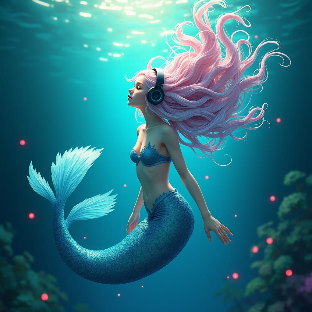 Anime Mermaid with Blue Hair in Shimmering Ocean