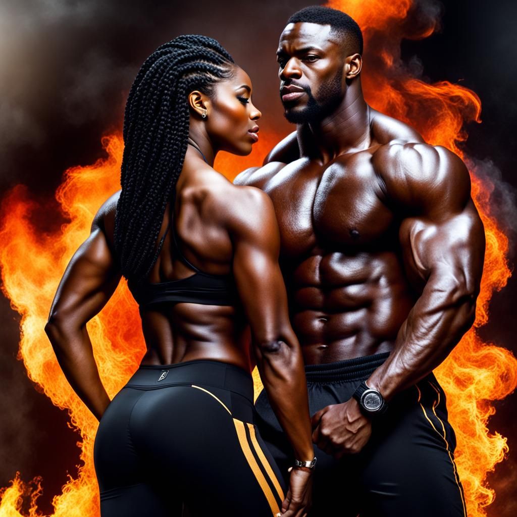 Muscular Black Couple Embracing in Flames: 8K Resolution