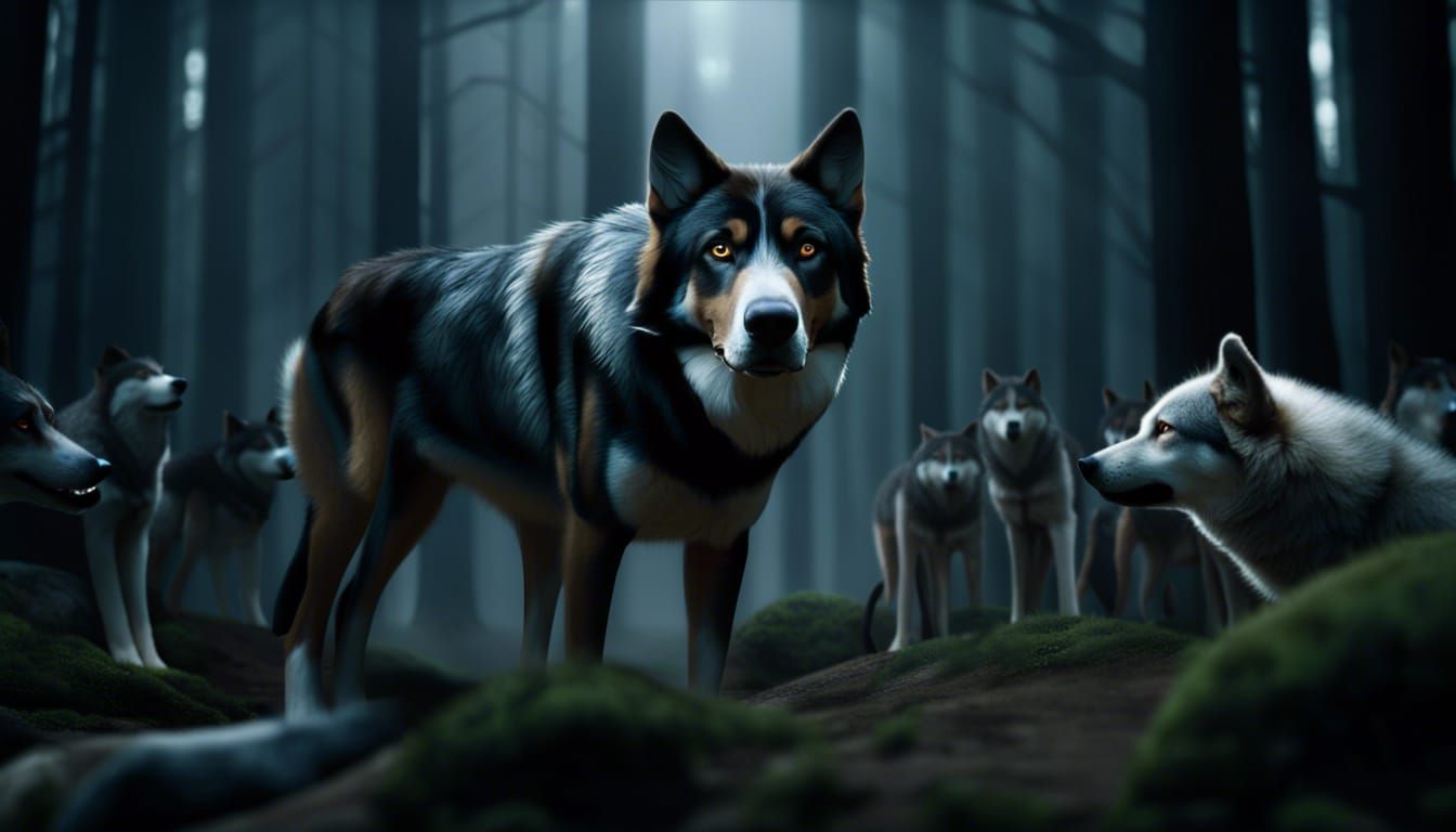 Moonlit Howl: Wolves and Dog in Forest
