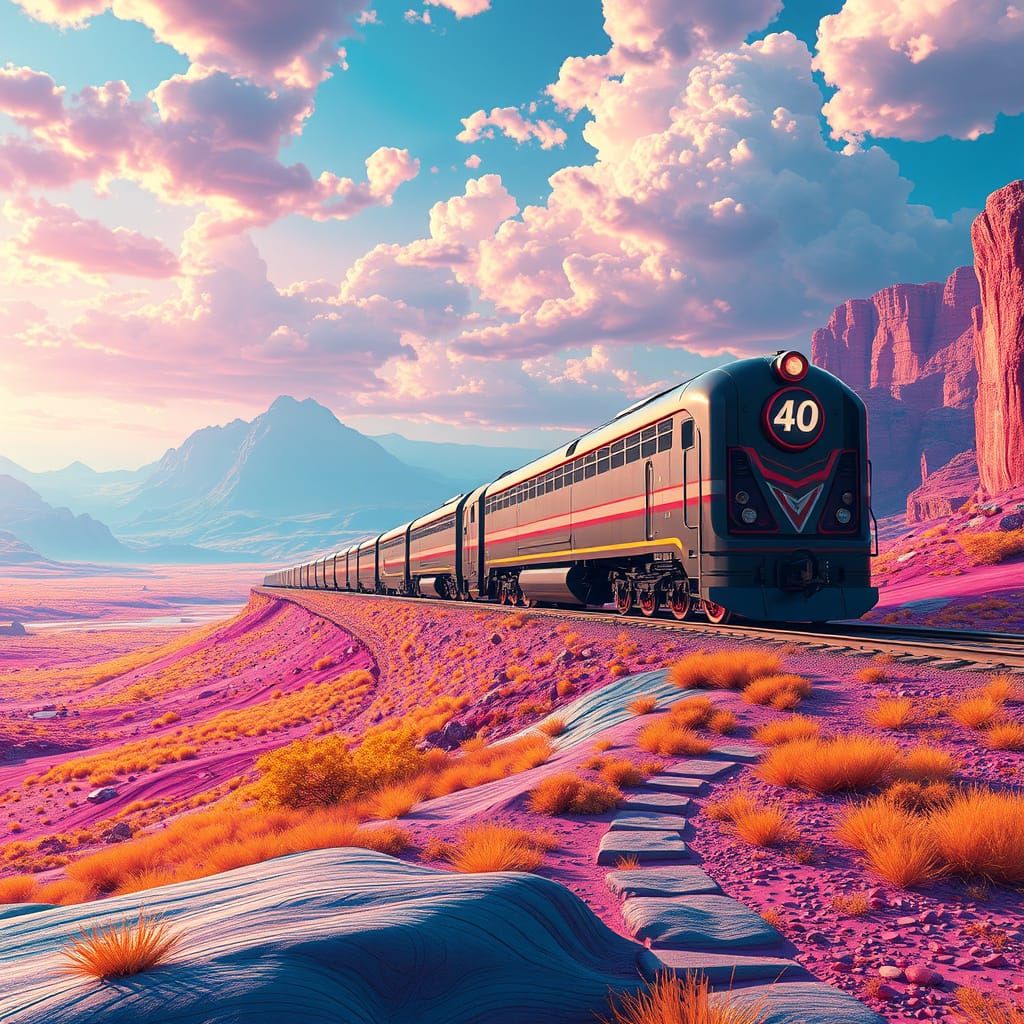Ethereal Futuristic Train Unfolds Across Vibrant Landscape