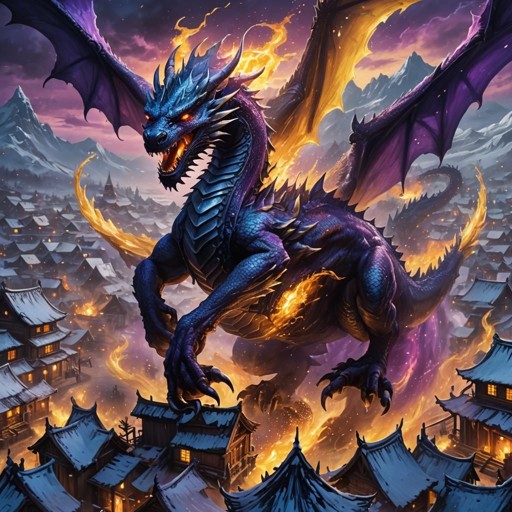 Ice Dragon Village Attack in Dark Fantasy Style