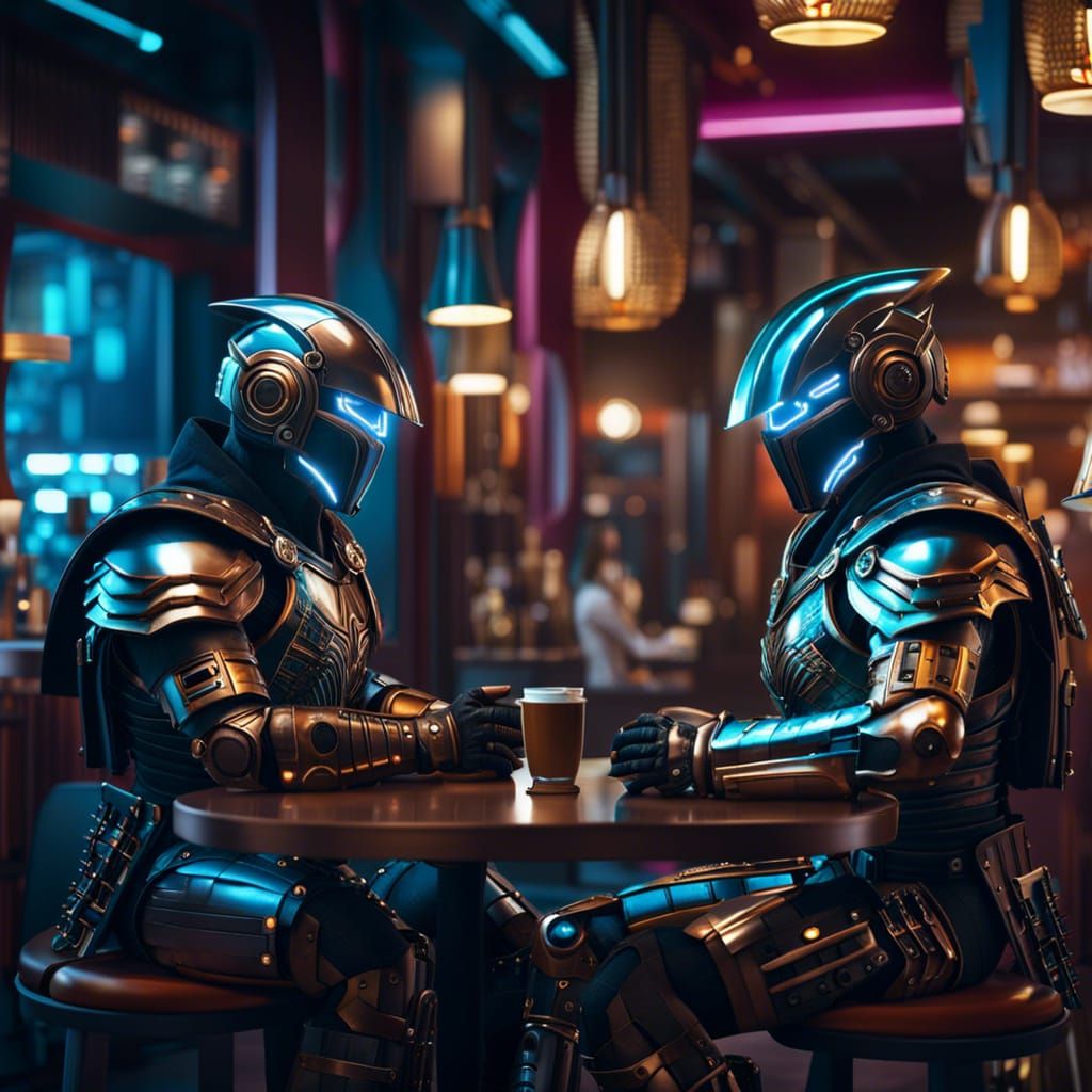 Cyberpunk Robots Chatting in Coffee Shop