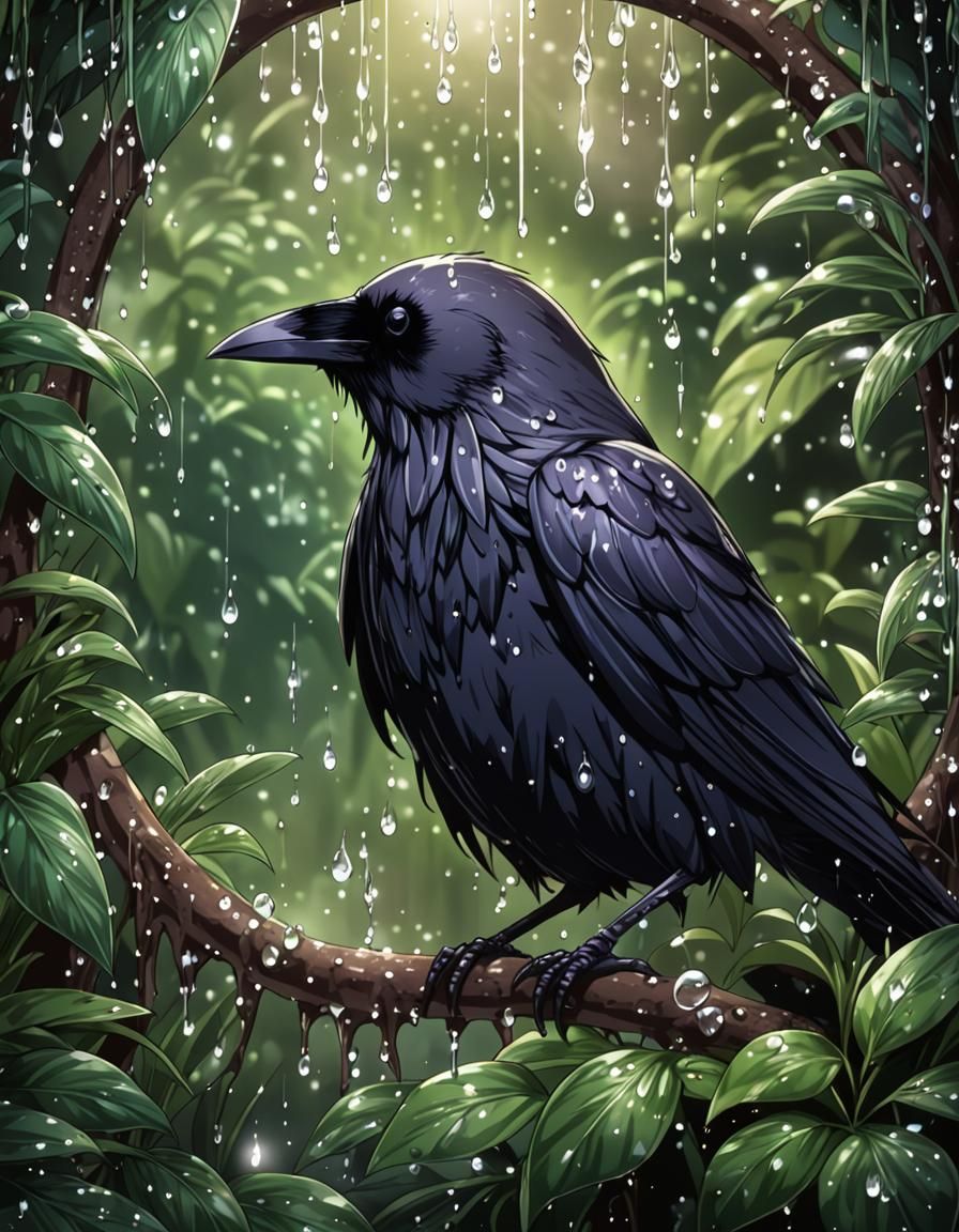 Raven Bird in Dew-Kissed Anime Art