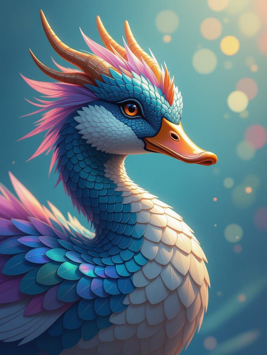 Surreal Duck Dragon Hybrid with Iridescent Feathers in Hyper...