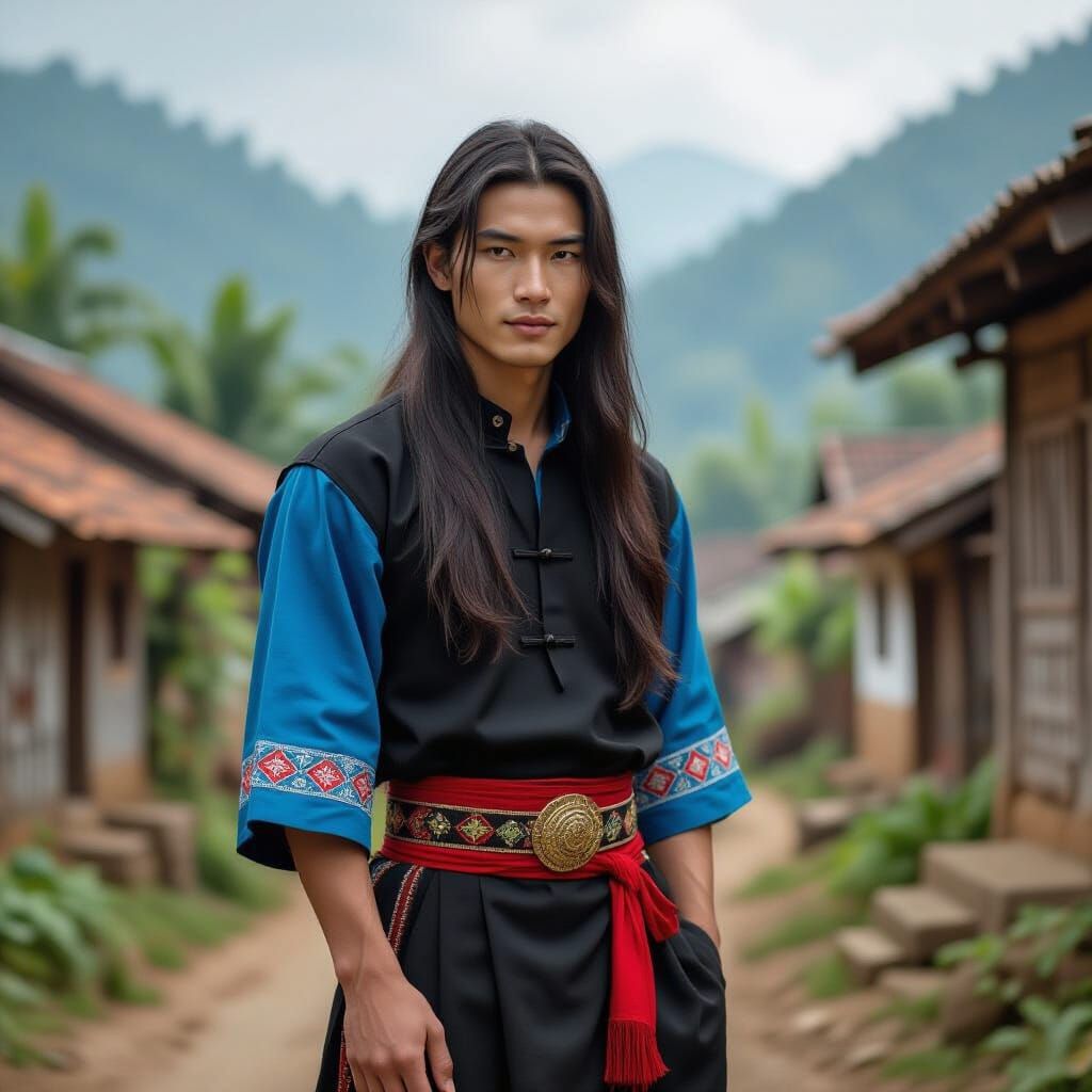 Hmong Man in Traditional Dress in a Village