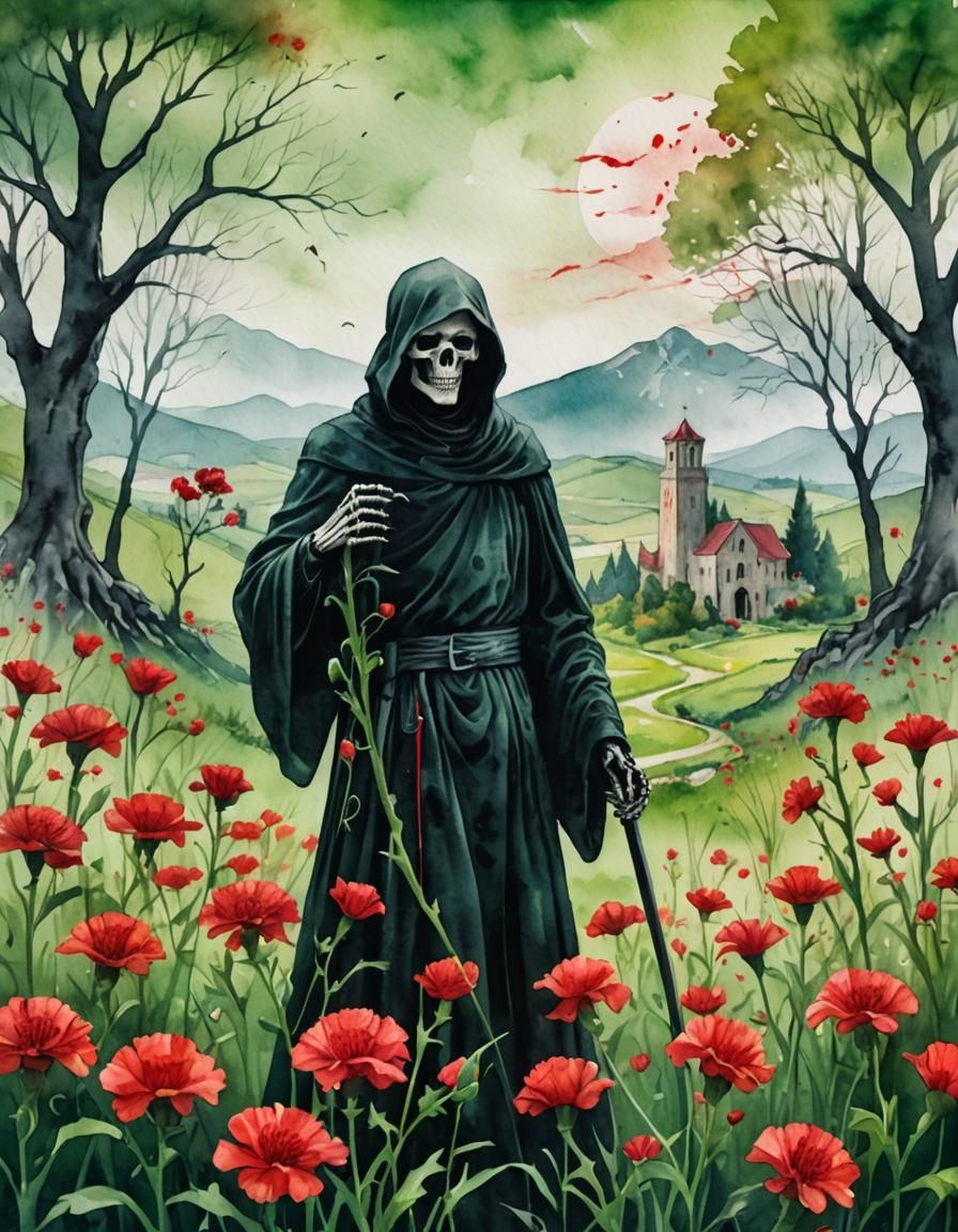 Grim Reaper Double Exposure in Watercolor Style