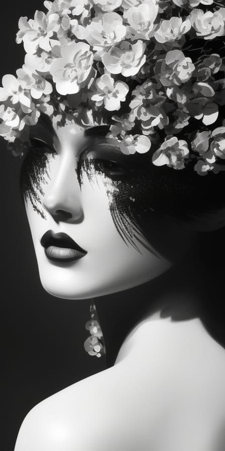 Monochrome Floral Portrait with Red Splash Art