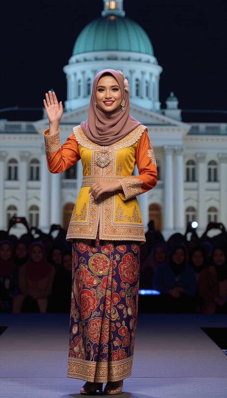 Young Woman in Betawi Attire Waving to Crowd