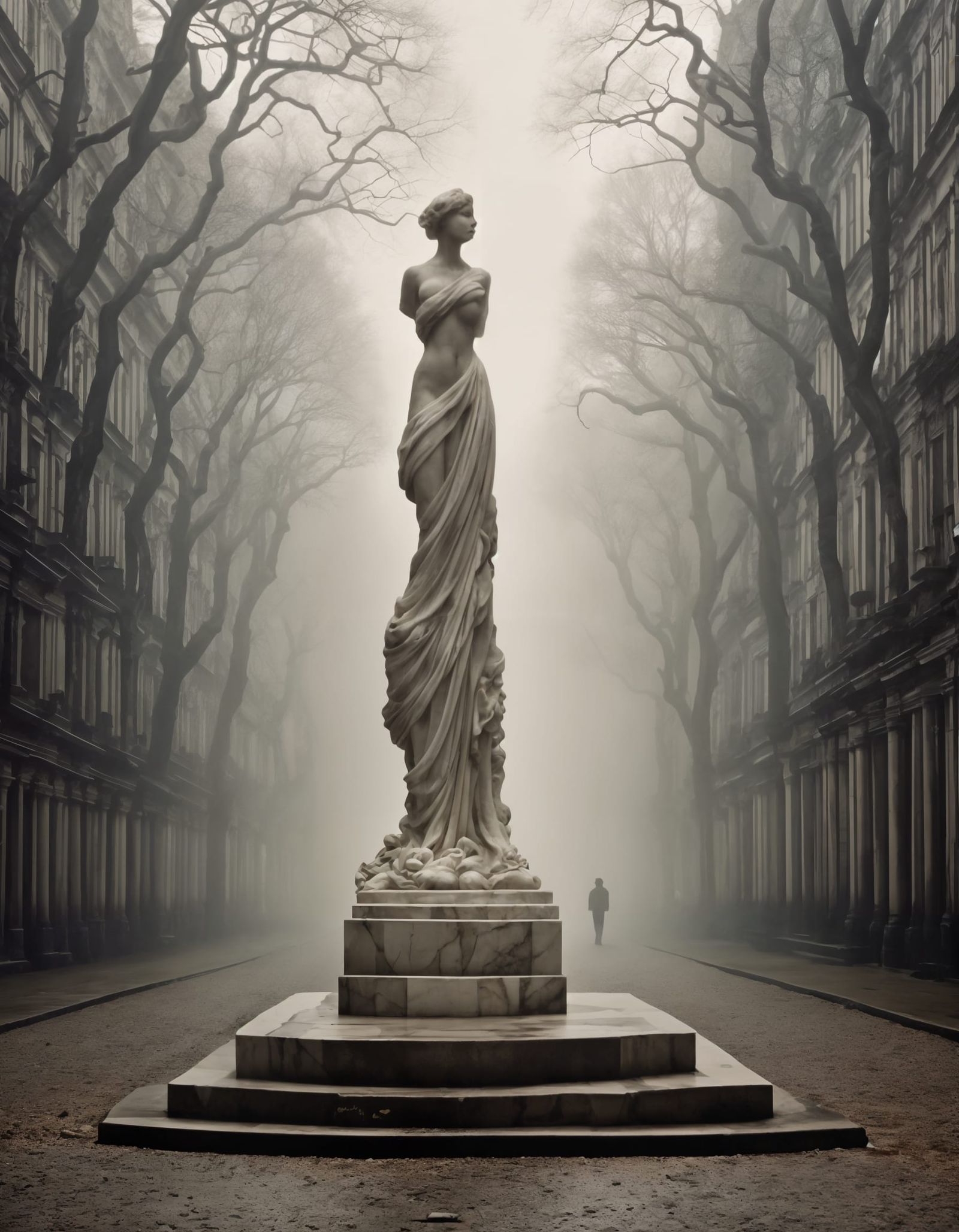 Marble Statue in Misty Urban Street, Dark Fantasy