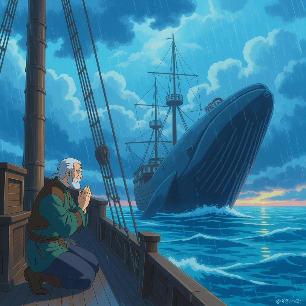 Man Prays on Ship in Stormy Sea with Giant Whale