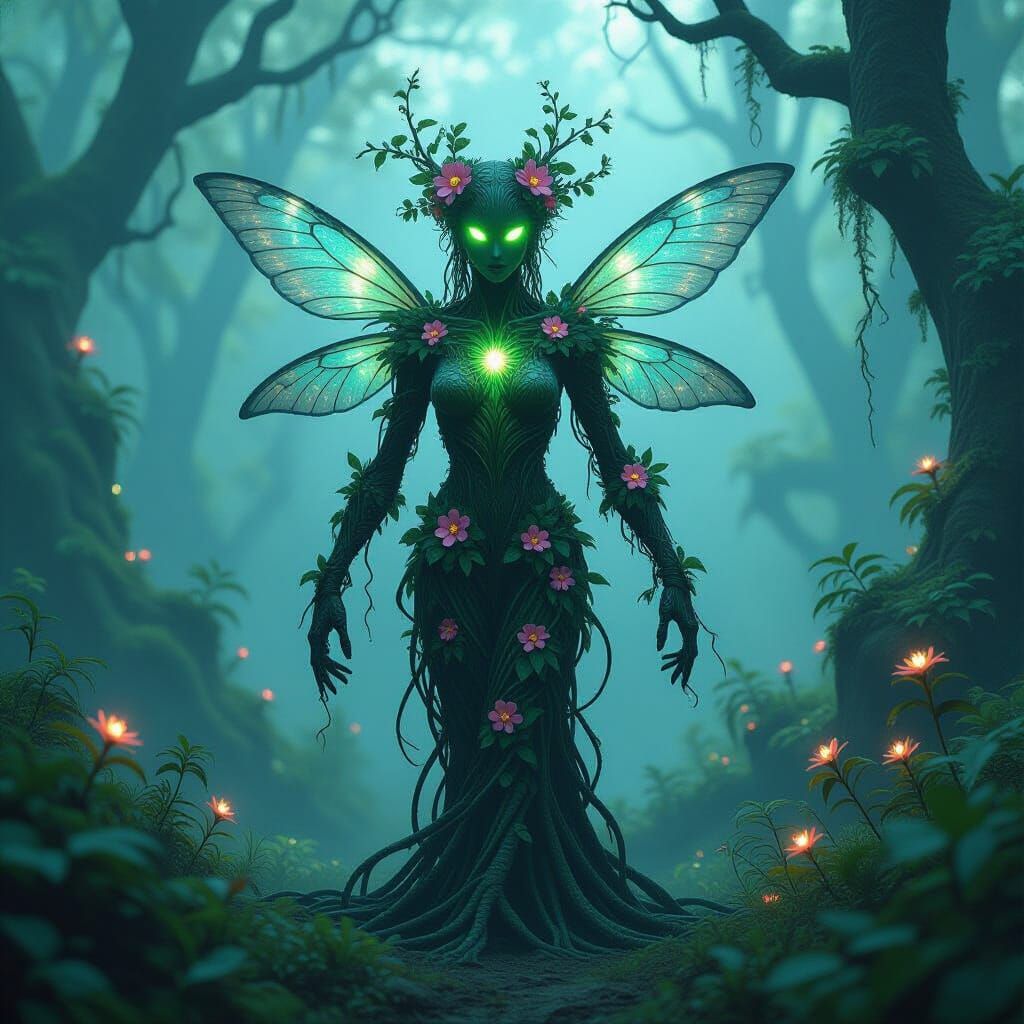 Vines & Flowers Figure in Bioluminescent Forest Clearing