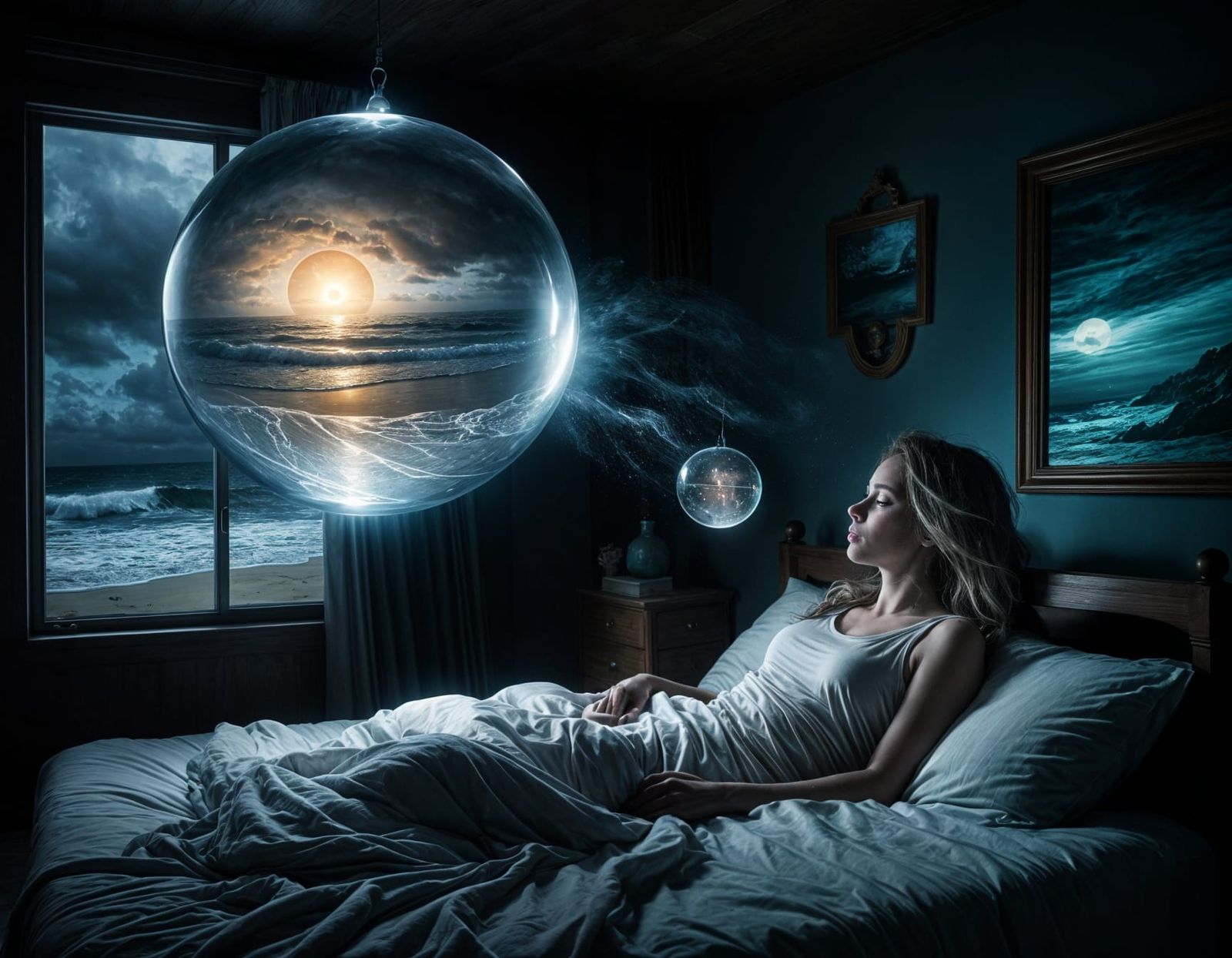 Dreamy Beach Scene with Woman in Sphere