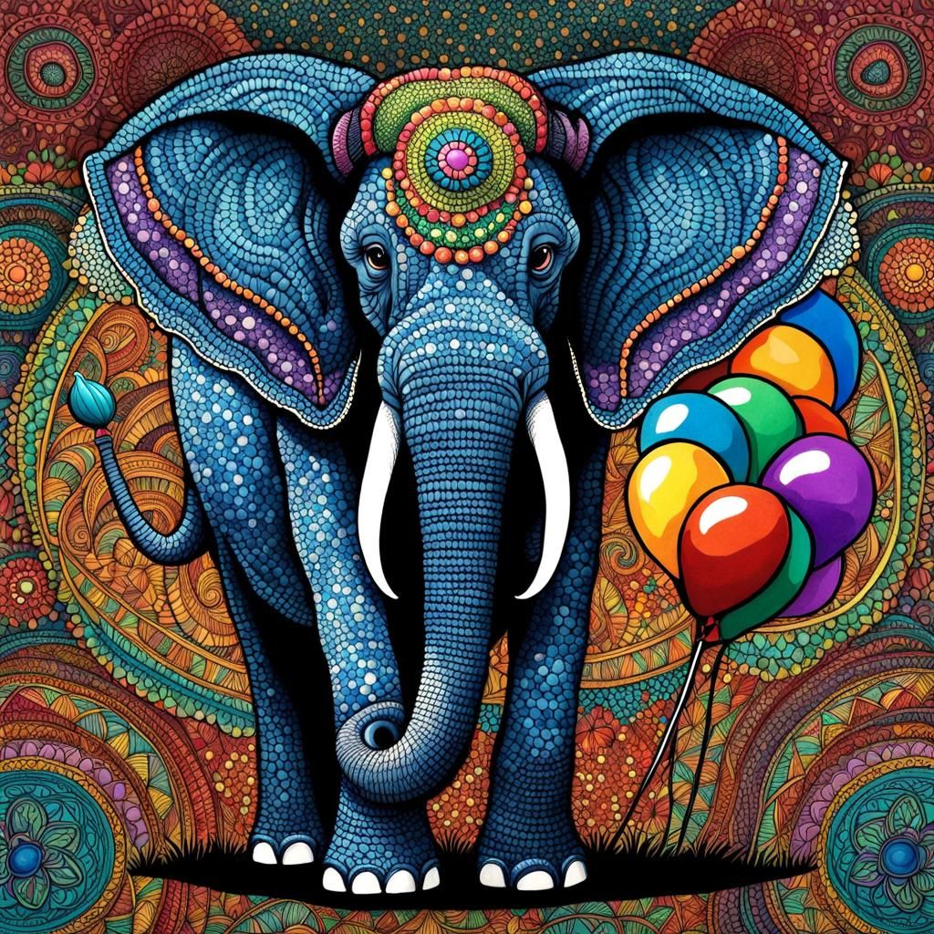 Pointillist Zentangle Elephant with Balloon