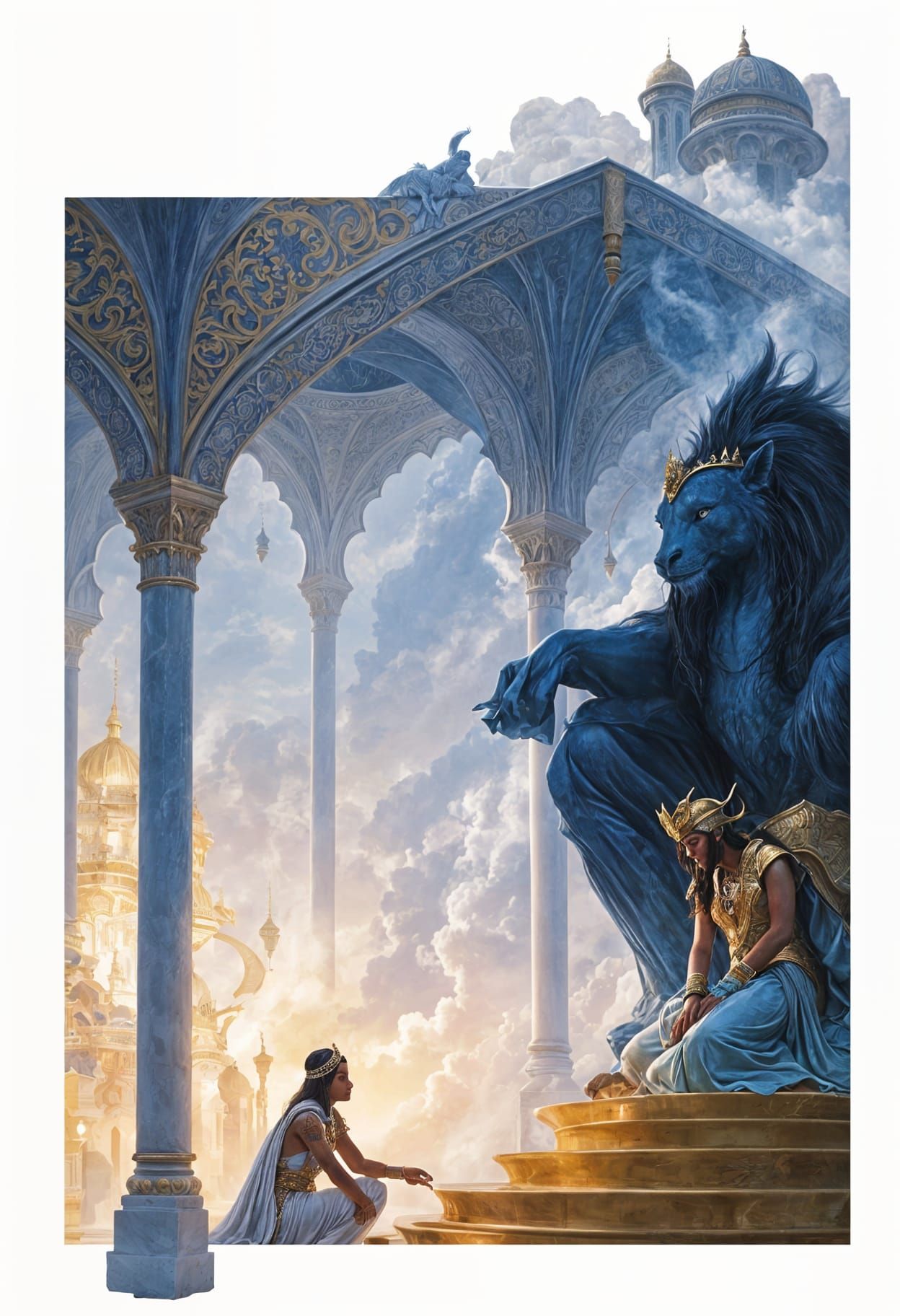 Golden Djinn on Throne with Princess