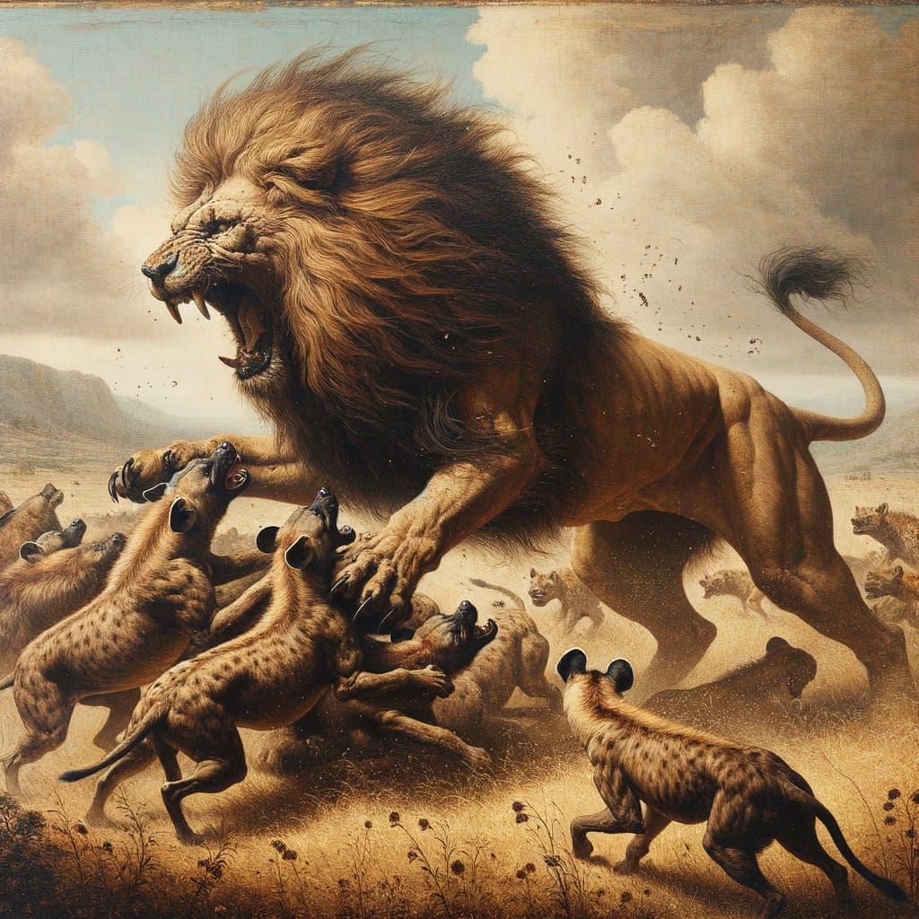 Majestic Lion Roars in Fierce Battle, Oil Painting in Renais...